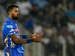 Hardik Pandya gestures during the IPL match between Gujarat Titans and Mumbai Indians at the Narendra Modi Stadium in Ahmedabad
