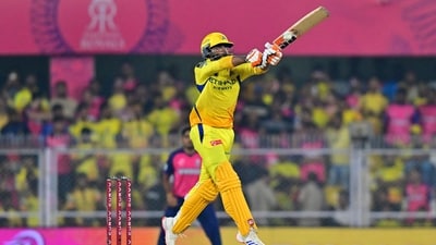 Ravindra Jadeja (32 not out from 22 balls) provided late fireworks, but the target proved beyond reach as CSK suffered second loss on trot. (AFP) Ravindra Jadeja (32 not out from 22 balls) provided late fireworks, but the target proved beyond reach as CSK suffered second loss on trot. (AFP)