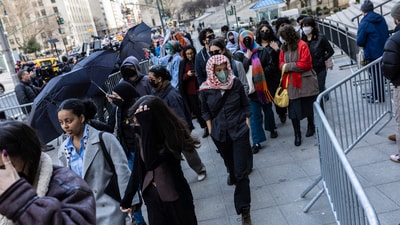 Students from Columbia University arrive at the Manhattan federal court prior to the deportation case of Mahmoud Khalil in New York. (AP) Students from Columbia University arrive at the Manhattan federal court prior to the deportation case of Mahmoud Khalil in New York. (AP)