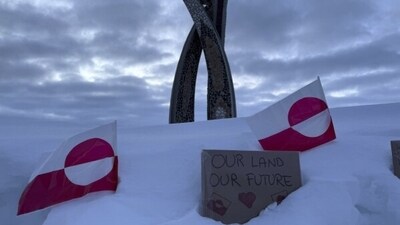 JD Vance, during his visit to Nuuk, saw the Inussuk statue, a sculpture commemorating the beginning of Self Governance, with two Greenland flags and a placard that reads, "Our land, Our future." (AP) JD Vance, during his visit to Nuuk, saw the Inussuk statue, a sculpture commemorating the beginning of Self Governance, with two Greenland flags and a placard that reads, "Our land, Our future." (AP)