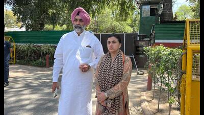 Jasvinder Bath, wife of Colonel Pushpinder Bath after meeting defence minister Rajnath Singh in New Delhi on Sunday