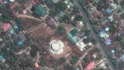 A satellite image shows the Ma Shi Khana pagoda in Sagaing, Myanmar, before the earthquke on March 23, 2025. (Maxar Technologies via REUTERS)