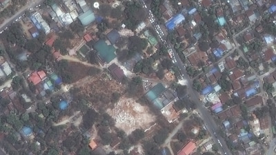 A satellite image shows the Ma Shi Khana pagoda, collapsed following an earthquake, in Sagaing, Myanmar, March 29, 2025. Maxar Technologies/Handout via REUTERS THIS IMAGE HAS BEEN SUPPLIED BY A THIRD PARTY NO RESALES. NO ARCHIVES. MANDATORY CREDIT. MUST NOT OBSCURE LOGO (Maxar Technologies via REUTERS)