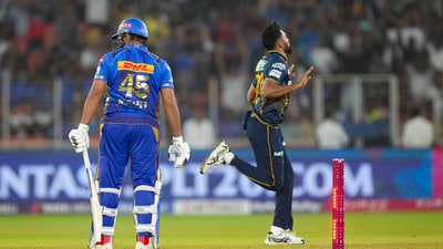 Mohammed Siraj celebrates the wicket of Rohit Sharma in GT vs MI (PTI) Mohammed Siraj celebrates the wicket of Rohit Sharma in GT vs MI (PTI)
