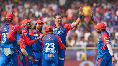 Mitchell Starc celebrates a wicket with his Delhi Capitals teammates enroute to figures of 5-35. (PTI) Mitchell Starc celebrates a wicket with his Delhi Capitals teammates enroute to figures of 5-35. (PTI)