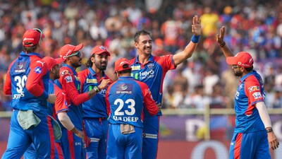 Starc tied it all off in the second last over of the SRH innings. He finished with figures of 5/35. (PTI) Starc tied it all off in the second last over of the SRH innings. He finished with figures of 5/35. (PTI)