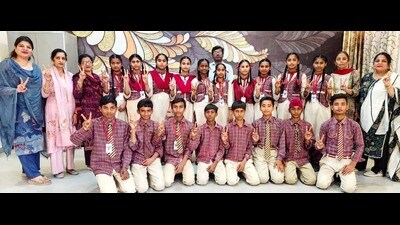 The students of GHS Bullepur, who qualified NMMS examination this year in Ludhiana on Sunday. (HT Photo)