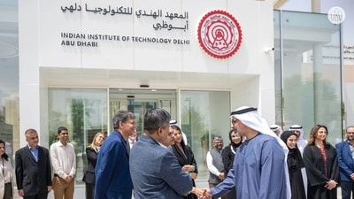 Abu Dhabi Crown Prince Sheikh Khaled bin Mohamed at the inauguration of IIT Delhi Abu Dhabi campus (Photo posted on X by @dpradhanbjp) Abu Dhabi Crown Prince Sheikh Khaled bin Mohamed at the inauguration of IIT Delhi Abu Dhabi campus (Photo posted on X by @dpradhanbjp)