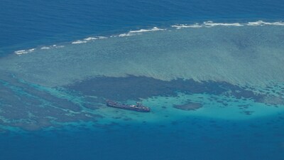 An aerial view shows the BRP Sierra Madre on the contested Second Thomas Shoal, locally known as Ayungin, in the South China Sea. (REUTERS/File)