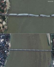 This combination of handout satellite images released by Maxar Technologies on March 29, 2025, show the collapsed Inwa Bridge (top) over the Irrawaddy River near Mandalay, Myanmar after the March 27, 2025, earthquake, and the same bridge on March 23 (bottom). (AFP) This combination of handout satellite images released by Maxar Technologies on March 29, 2025, show the collapsed Inwa Bridge (top) over the Irrawaddy River near Mandalay, Myanmar after the March 27, 2025, earthquake, and the same bridge on March 23 (bottom). (AFP)