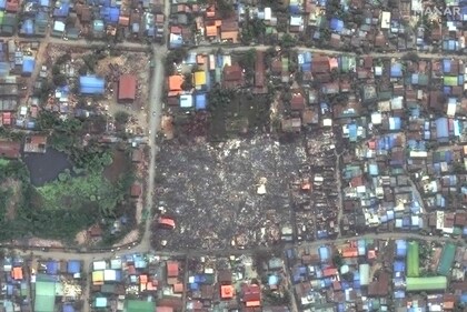 This handout satellite image released by Maxar Technologies on March 29, 2025, shows collapsed and destroyed shacks and buildings in Mandalay, Myanmar, after the March 27, 2025, earthquake. (AFP) This handout satellite image released by Maxar Technologies on March 29, 2025, shows collapsed and destroyed shacks and buildings in Mandalay, Myanmar, after the March 27, 2025, earthquake. (AFP)