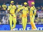 MS Dhoni, R Jadeja and R Ashwin during the IPL 2025 match between Rajasthan Royals (RR) and Chennai Super Kings (CSK)