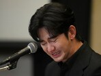 South Korean actor Kim Soo-hyun got emotional while talking about Kim Sae Ron at a news conference in Seoul, South Korea, on Monday.  (AP Photo/Lee Jin-man)