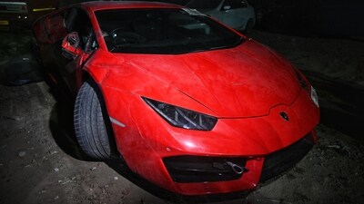 Noida, India - March 30, 2025: Two men were injured after a speeding Pondicherry-registered Lamborghini rammed into a footpath in, Sector 94, in Noida, India, on Sunday, March 30, 2025. (Photo by Sunil Ghosh/ Hindustan Times) (Hindustan Times) Noida, India - March 30, 2025: Two men were injured after a speeding Pondicherry-registered Lamborghini rammed into a footpath in, Sector 94, in Noida, India, on Sunday, March 30, 2025. (Photo by Sunil Ghosh/ Hindustan Times) (Hindustan Times)