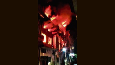 A view of fire in factory near Kirpal Nagar on Monday in Ludhiana. (HT Photo)