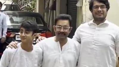 Aamir Khan posed for pictures with sons Junaid Khan and Azad on Eid.