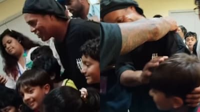 Ajith Kumar's son Aadvik was all smiles as he posed for pictures with Ronaldinho Gaúcho. Ajith Kumar's son Aadvik was all smiles as he posed for pictures with Ronaldinho Gaúcho.
