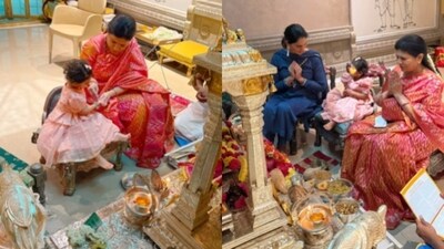 Klin Kaara looked adorable in pink as she took part in the Ugadi puja. Klin Kaara looked adorable in pink as she took part in the Ugadi puja.