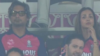 Photo of Kumar Sangakkara and Malaika Arora at the Rajasthan Royals vs Chennai Superkings match on Sunday