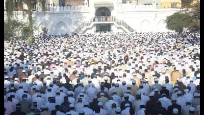 Muslims offering prayers on Eid-ul-Fitr in Meerut on Monday. (Anuj Kaushik)