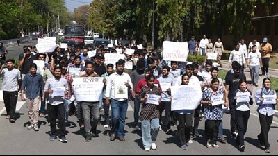 Students of UIET, PU, where deceased Aditya Thakur was a student, taking out a protest march on the varsity campus on Monday. (Keshav SIngh/HT) Students of UIET, PU, where deceased Aditya Thakur was a student, taking out a protest march on the varsity campus on Monday. (Keshav SIngh/HT)