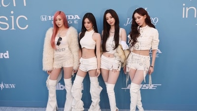 (L-R) Giselle, Ningning, Karina and Winter of South Korean girl group aespa arrives for the 2025 Billboard Women in Music, honoring US rapper and singer Doechii as Billboard Woman of the Year, in the YouTube Theater at Hollywood Park in Inglewood, California, on March 29, 2025. (Photo by ETIENNE LAURENT / AFP) (AFP)