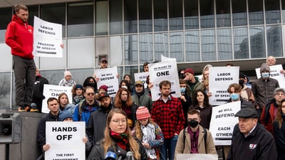 Members of the Graduate Labor Union-United Electrical, Radio and Machine Workers of America (GLU-UE) rally outside the Paul D. Wellstone Federal Building during a protest held after the University of Minnesota said an international graduate student was detained by U.S. Immigration and Customs Enforcement (ICE) agents, in Minneapolis, Minnesota, U.S. March 29, 2025. (REUTERS/Tim Evans) (REUTERS)