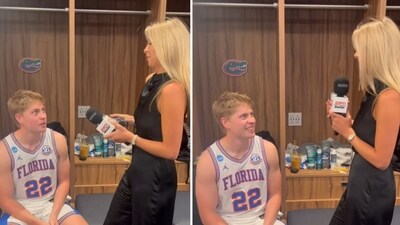 Fans gush over Florida player Bennett Anderson's interview with ESPN student reporter (@talia_baia/X) Fans gush over Florida player Bennett Anderson's interview with ESPN student reporter (@talia_baia/X)