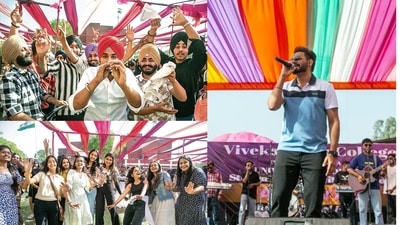 Glimpses of how the students had a blast while enjoying singer Prabh Gill's stage act amid a vibrant decor themed on the concept of Colours of India. (Photos: Raajessh Kashyap/HT)