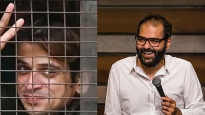 Rahool Kanal of the Shiv Sena’s Yuva Sena (Shinde faction) and stand-up comedian Kunal Kamra. (File) Rahool Kanal of the Shiv Sena’s Yuva Sena (Shinde faction) and stand-up comedian Kunal Kamra. (File)