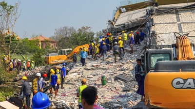 Rescue workers continue a search operation at the site of a collapsed building, in the aftermath of a strong earthquake, in Mandalay, Myanmar (REUTERS)