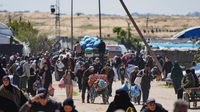 Displaced Palestinians, who fled from Rafah amidst ongoing Israeli military operations following Israel's renewed offensive in the Gaza Strip, arrived in Khan Younis, Gaza, on March 23, 2025. (File/AP) Displaced Palestinians, who fled from Rafah amidst ongoing Israeli military operations following Israel's renewed offensive in the Gaza Strip, arrived in Khan Younis, Gaza, on March 23, 2025. (File/AP)