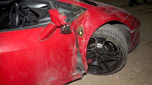 A damaged Lamborghini car after meeting with an accident, leaving two persons injured near Noida Sector 94 roundabout in the Sector-126 police station area in Gautam Buddha Nagar on Sunday. (ANI) A damaged Lamborghini car after meeting with an accident, leaving two persons injured near Noida Sector 94 roundabout in the Sector-126 police station area in Gautam Buddha Nagar on Sunday. (ANI)