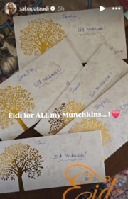 Saba Pataudi handed out Eidi to her nieces and nephews. Saba Pataudi handed out Eidi to her nieces and nephews.
