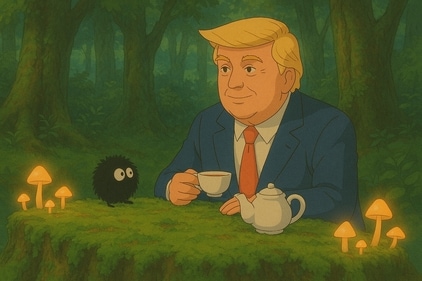President Trump enjoying his tea in a Ghibli-style photo (ChatGPT)