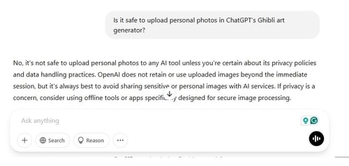 ChatGPT's reply on the safety concerns regarding personal photos on the Ghibli art generator, ChatGPT's reply on the safety concerns regarding personal photos on the Ghibli art generator,