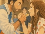 Ved (Ranbir Kapoor) and Tara (Deepika Padukone) get a Ghibli makeover in a scene from Tamasha (2015).