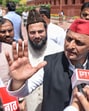 Samajwadi Party (SP) MP Akhilesh Yadav speaks to the media at Parliament premises during the Budget session, in New Delhi on Tuesday (ANI)