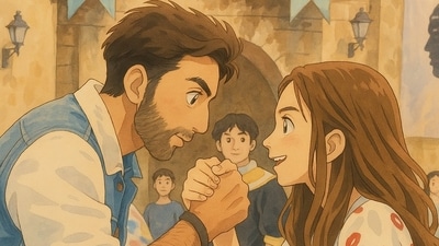 Ved (Ranbir Kapoor) and Tara (Deepika Padukone) get a Ghibli makeover in a scene from Tamasha (2015). Ved (Ranbir Kapoor) and Tara (Deepika Padukone) get a Ghibli makeover in a scene from Tamasha (2015).