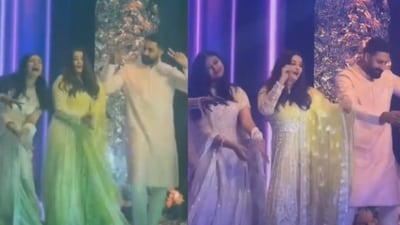 Aaradhya, Aishwarya and Abhishek Bachchan dancing to Kajra Re Aaradhya, Aishwarya and Abhishek Bachchan dancing to Kajra Re