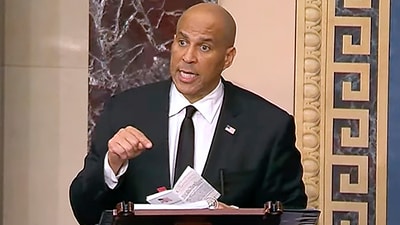 Sen, Cory Booker, D-N.J., speaks on the Senate floor, Tuesday morning, April 1, 2025. (Senate Television via AP) Sen, Cory Booker, D-N.J., speaks on the Senate floor, Tuesday morning, April 1, 2025. (Senate Television via AP)