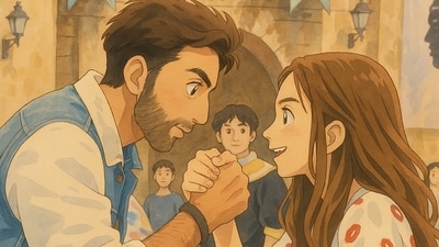 Ved (Ranbir Kapoor) and Tara (Deepika Padukone) get a Ghibli makeover in a scene from Tamasha (2015). Ved (Ranbir Kapoor) and Tara (Deepika Padukone) get a Ghibli makeover in a scene from Tamasha (2015).