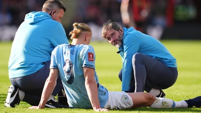 Haaland suffered an ankle injury during City’s 2-1 FA Cup quarter-final win at Bournemouth on Sunday. (PA Media ) Haaland suffered an ankle injury during City’s 2-1 FA Cup quarter-final win at Bournemouth on Sunday. (PA Media )