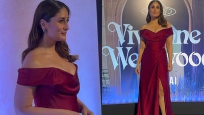 Kareena Kapoor looked stunning in a thigh-high slit gown at the Mumbai Vivienne Westwood show. Kareena Kapoor looked stunning in a thigh-high slit gown at the Mumbai Vivienne Westwood show.