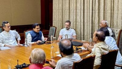 Leader of Opposition in the Rajya Sabha and Congress President Mallikarjun Kharge with Leader of Opposition in the Lok Sabha Rahul Gandhi during a meeting of the floor leaders of the INDIA bloc, at Parliament House, in New Delhi. (PTI) Leader of Opposition in the Rajya Sabha and Congress President Mallikarjun Kharge with Leader of Opposition in the Lok Sabha Rahul Gandhi during a meeting of the floor leaders of the INDIA bloc, at Parliament House, in New Delhi. (PTI)