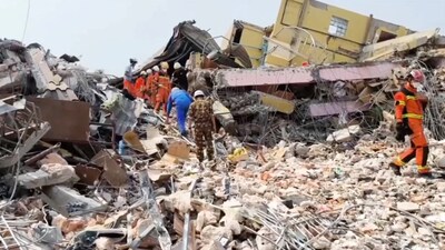 The building collapsed in the 7.7-magnitude earthquake that hit Myanmar on Friday. (REUTERS)