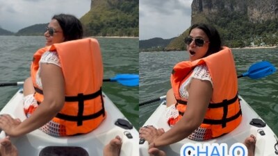 A viral video showed a husband halting a kayak in the sea to settle a playful argument with his wife. (Instagram/arushi.tri) A viral video showed a husband halting a kayak in the sea to settle a playful argument with his wife. (Instagram/arushi.tri)
