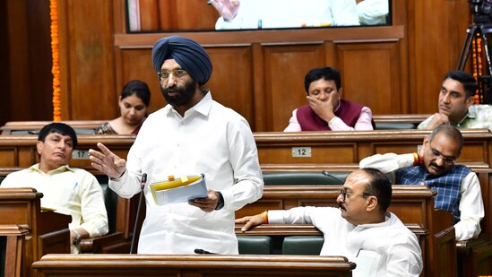 Delhi cabinet minister Manjinder Singh Sirsa during the Budget session of the Delhi Assembly in New Delhi, India, on Tuesday, April 1, 2025. (HT Photo)