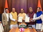 Members of the Joint Parliamentary Committee on Waqf Amendment Bill headed by its Chairman Jagdambika Pal during the submission of its report to Lok Sabha Speaker Om Birla, at the Parliament House, in New Delhi.