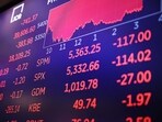 Stock market numbers are displayed on a screen at the New York Stock Exchange during afternoon trading on August 02, 2024 in New York City.